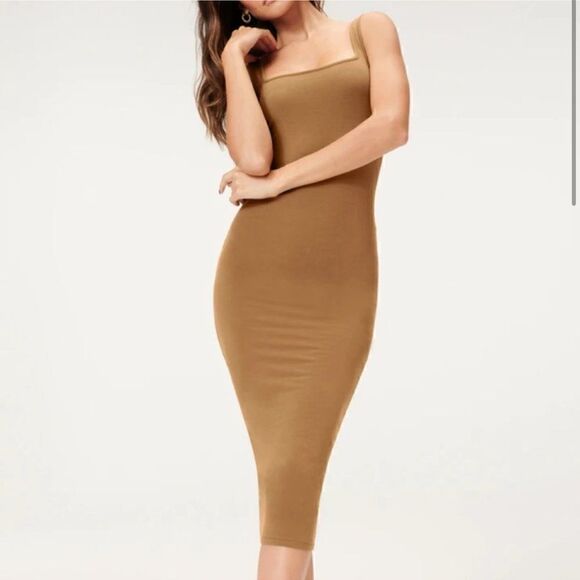 Good American Dress Midi Scoop Neck Sepia Bodycon Casual Classy Lined Sleeveless - Picture 2 of 7